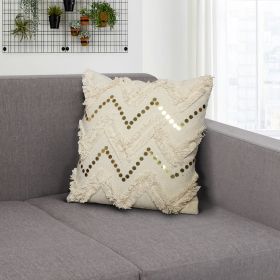 18 x 18 Square Polycotton Handwoven Accent Throw Pillow; Fringed; Sequins; Chevron Design; Off White; DunaWest