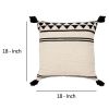 18 x 18 Square Cotton Accent Throw Pillow with Simple Striped Pattern and Tassels; White and Black; DunaWest