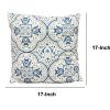 17 x 17 Inch Decorative Square Cotton Accent Throw Pillow with Classic Damask Print; Blue and White; DunaWest