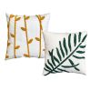 17 x 17 Inch 2 Piece Square Cotton Accent Throw Pillow Set; Leaf Embroidery; White; Green; Yellow; DunaWest