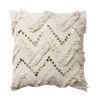 18 x 18 Square Polycotton Handwoven Accent Throw Pillow; Fringed; Sequins; Chevron Design; Off White; DunaWest