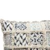 18 x 18 Square Cotton Accent Throw Pillow; Fluffy Fringes; Soft Block Print Raised Pattern; Cream; Blue; DunaWest