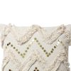 18 x 18 Square Polycotton Handwoven Accent Throw Pillow; Fringed; Sequins; Chevron Design; Off White; DunaWest