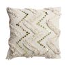 18 x 18 Square Polycotton Handwoven Accent Throw Pillow; Fringed; Sequins; Chevron Design; Off White; DunaWest