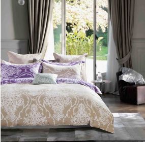 Hermman Beige/Purple Damask 100% Cotton Comforter Set (size: KING)